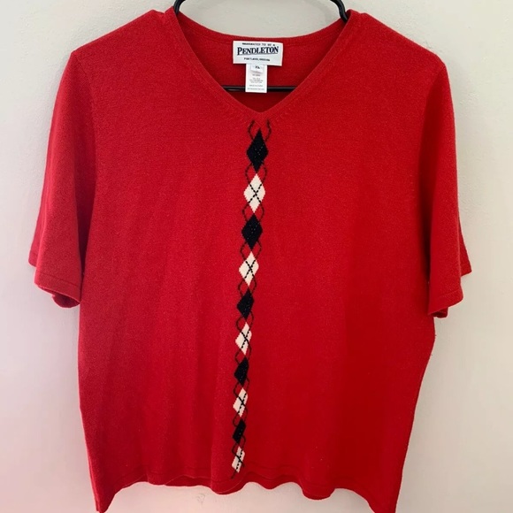 Pendleton red beaded argyle Silk Cashmere top XL - Picture 2 of 4